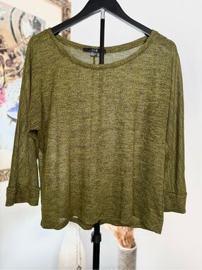 Forever 21 XXI L Olive Gold Metallic Sheer Knit 3/4 Sleeve Blouse Top